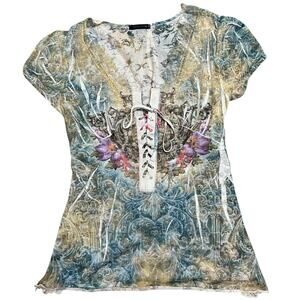 Y2K Affliction Style Burnout Tee Womens Large Beige Blue Lace Up Alt Indie Emo